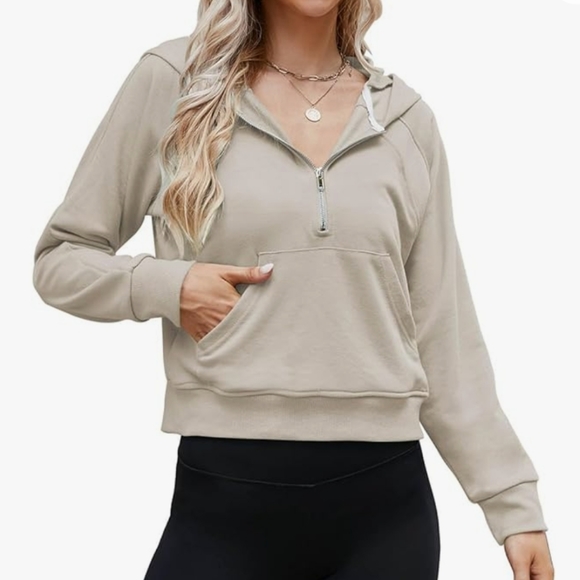 Tops - Cropped Half Zip Pullover Hoodie with Pockets